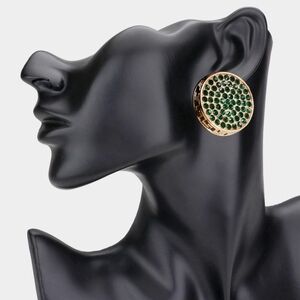 Emerald Green Gold Greek Key Patterned Rhinestone Crystal Round Stud Earrings